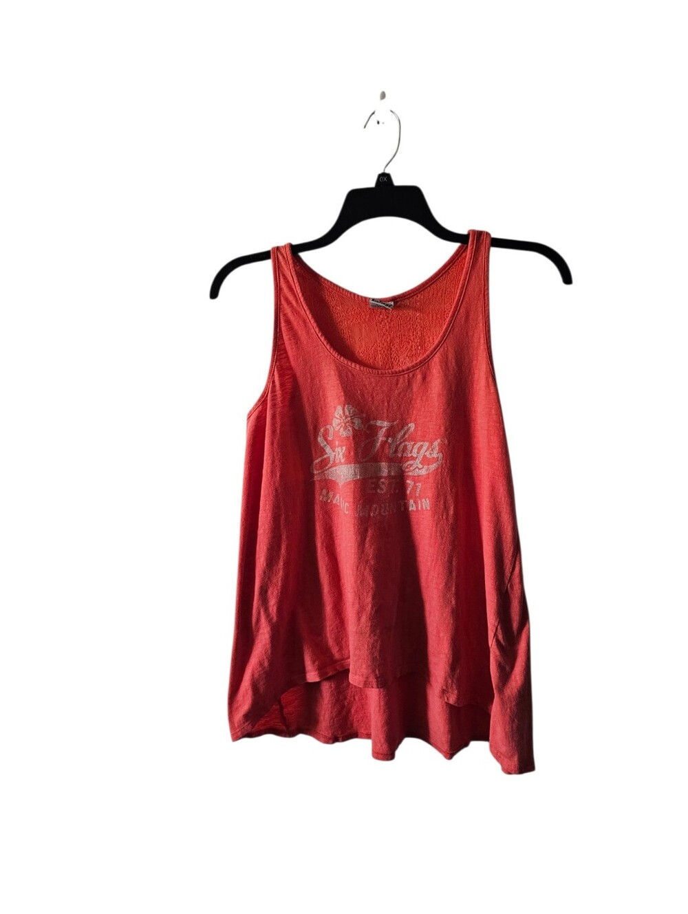 Vtg Six Flags Magic Mountain Tank Top Lace Back Womens Sz M/L Coral High Low Hem